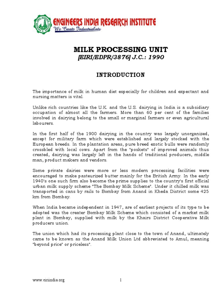 Project Report On Milk Processing Unit PDF Dairy Milk