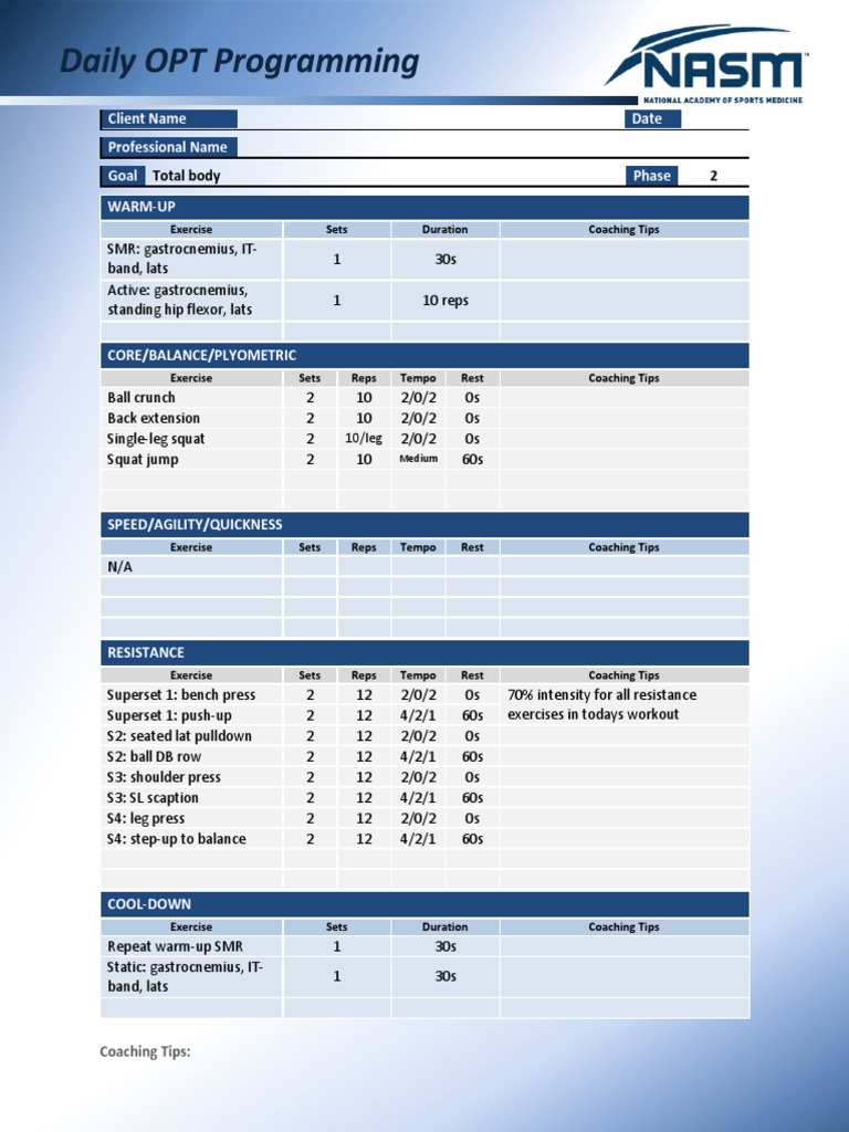 CPT6 - OPT Phase 2 - Total Body - 1 - SAMPLE WORKOUT | PDF | Wellness