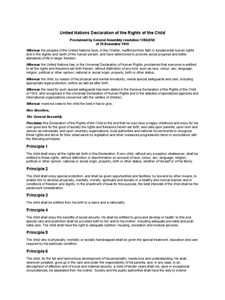 UN Declaration of The Rights of The Child (1959) | PDF | Children's ...