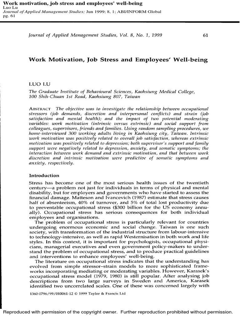 1999 Work Motivation Job Stress and Employees Well Being PDF | PDF