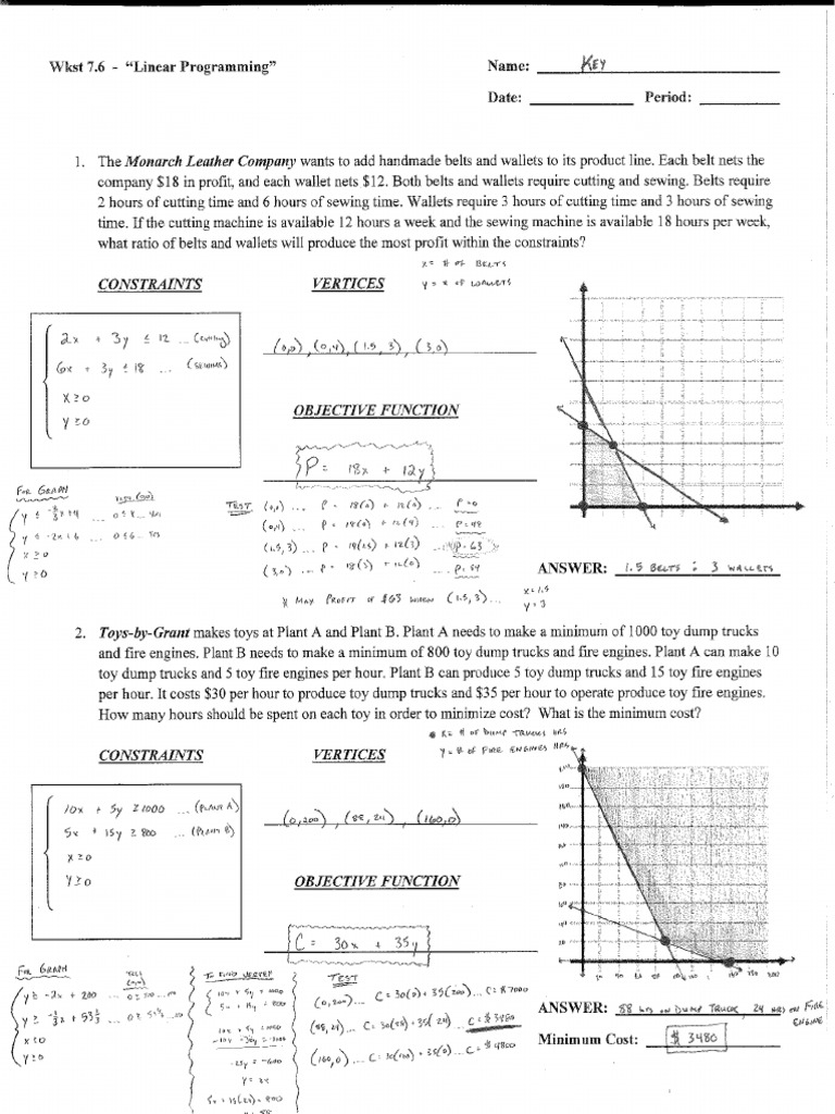 ANSWER KEY - WKST 7.6 - Linear Programming | PDF