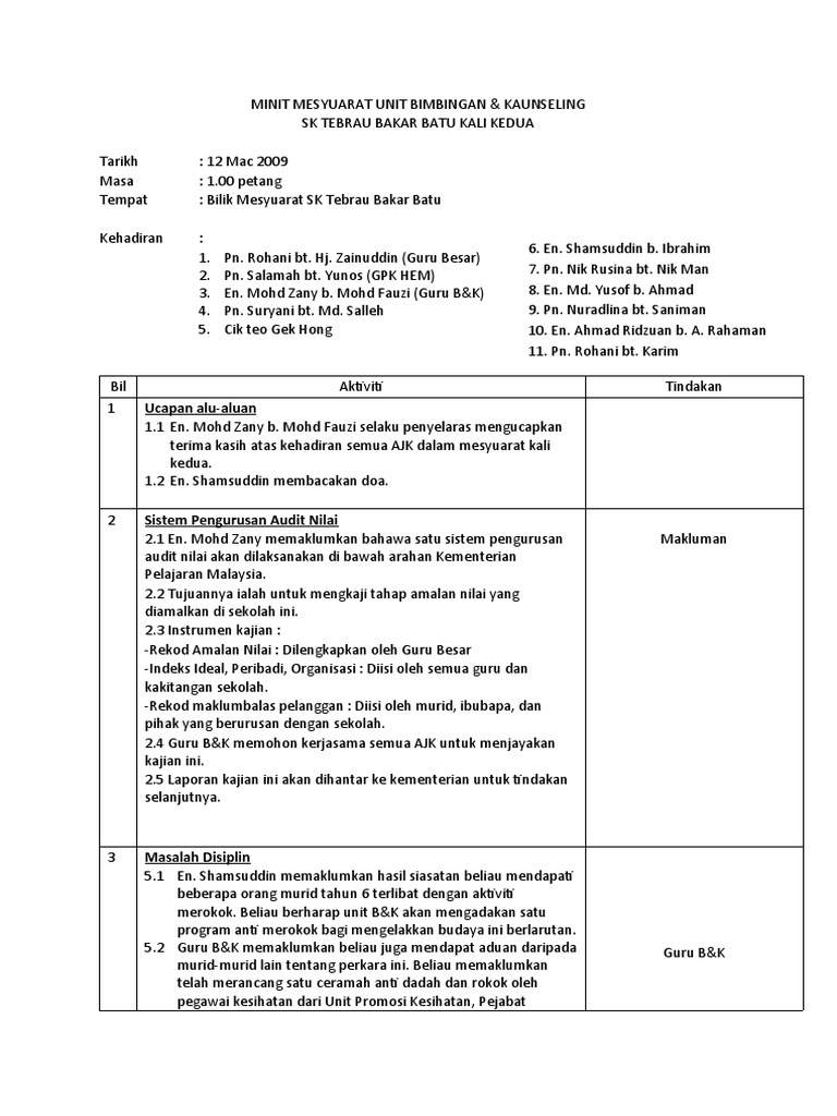 MINIT MESYUARAT KALI KEDUA