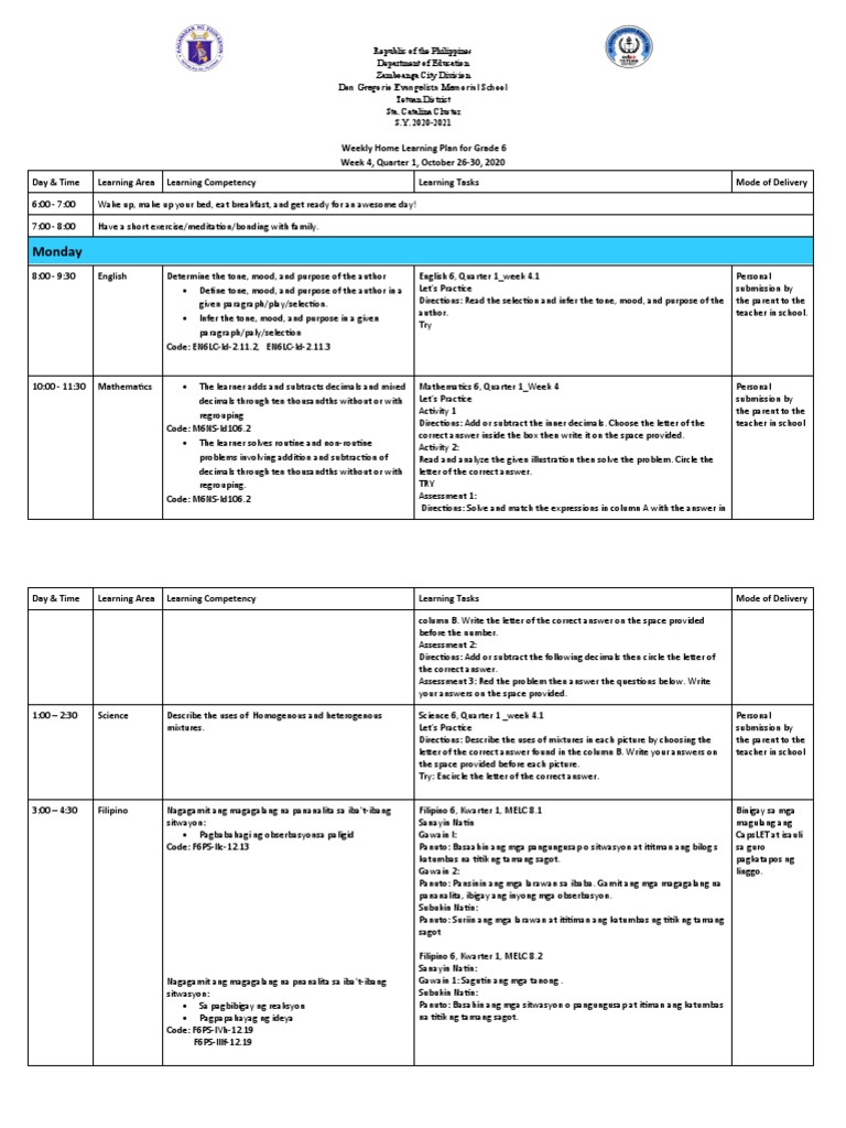 Grade 6 Weekly Learning Plan | PDF | English Language | Scientific Method
