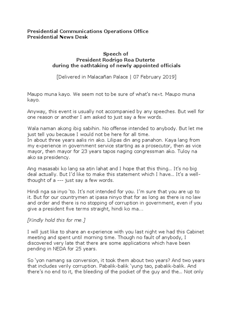 Duterte's Oath Taking Speech Highlights | PDF | Government