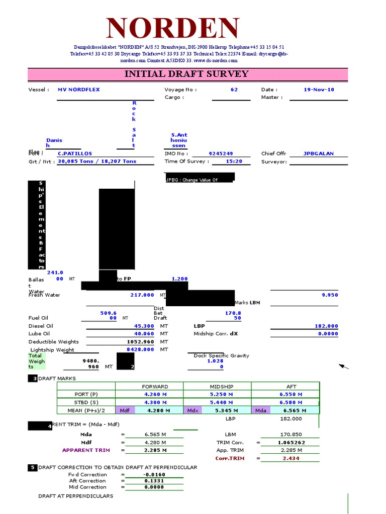 Draft Survey Manual Calculation | PDF | Tonnage | Navigation