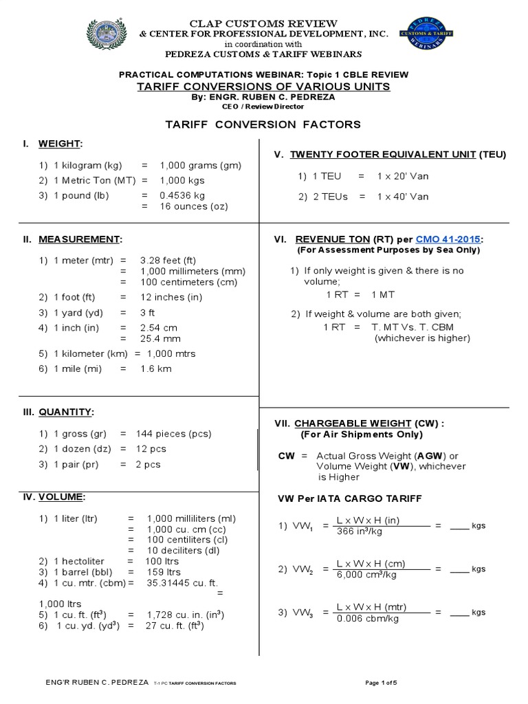 Tariff Conversion Factors for Customs | PDF | Litre | Cargo