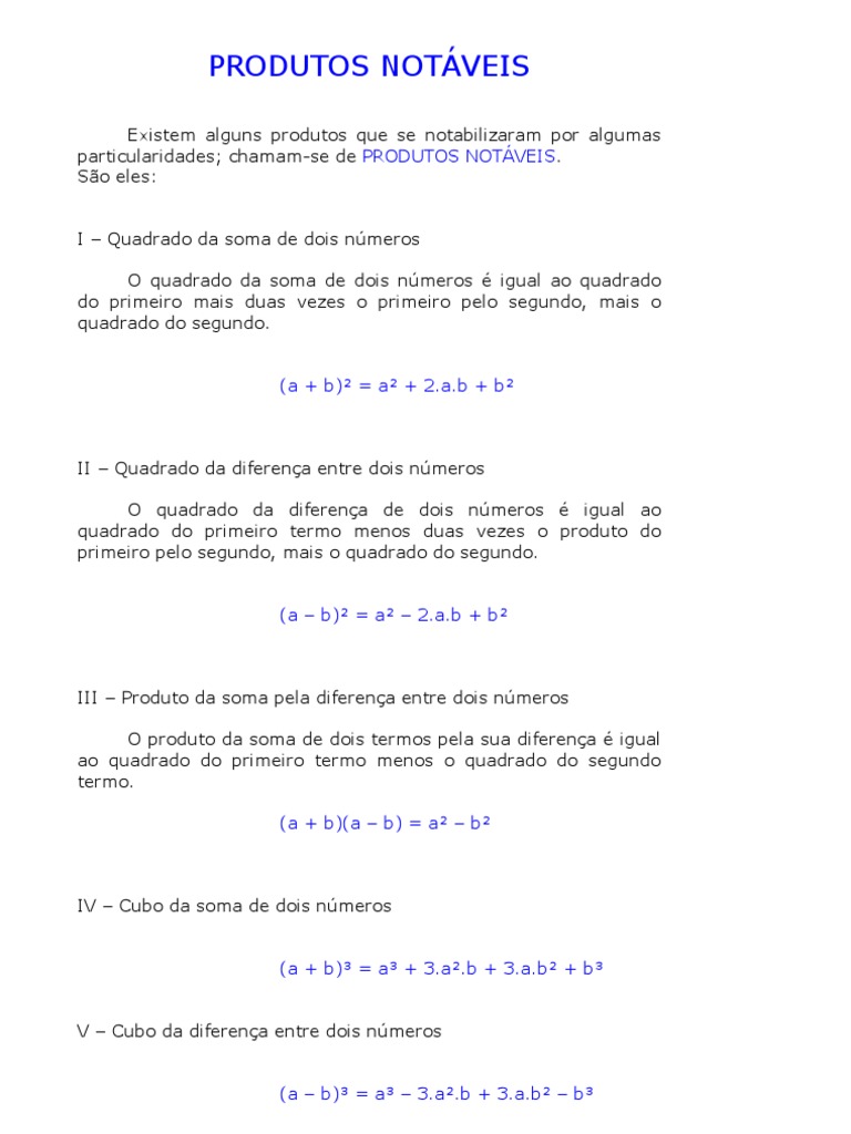 Produtos Notáveis e Fatoração | PDF | Álgebra | Ensino de Matemática