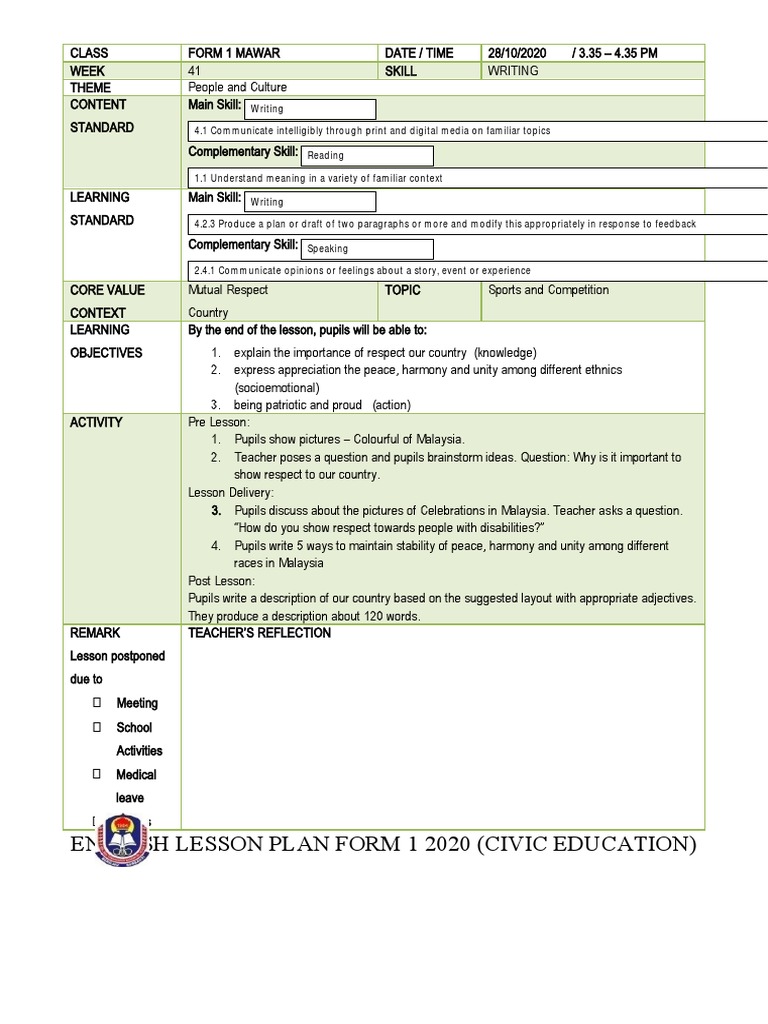 English Lesson Plan Form 1 2020 (Civic Education) | PDF | Lesson Plan ...