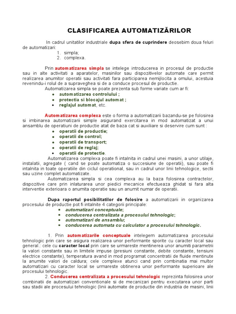 Clasificarea Automatizarilor | PDF