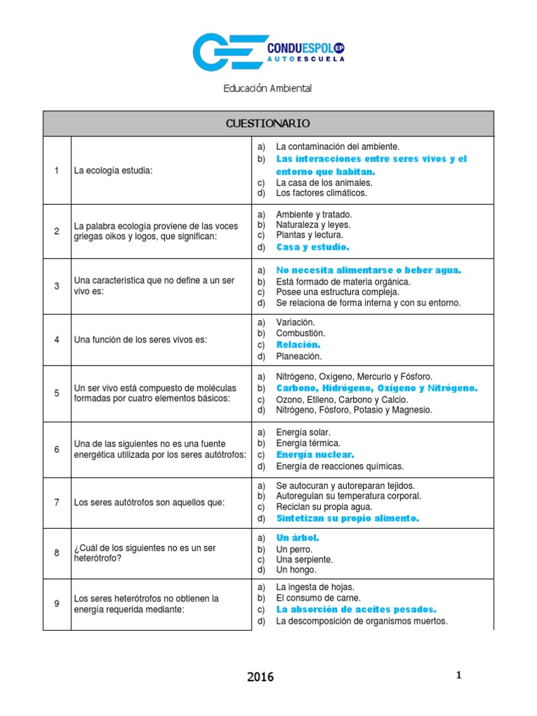 Cuestionario de Educación Ambiental | PDF | Entorno natural | Ecología