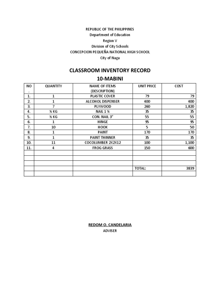 Classroom Inventory for Teachers | PDF