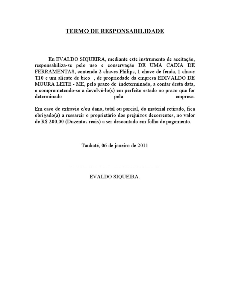 TERMO DE RESPONSABILIDADE