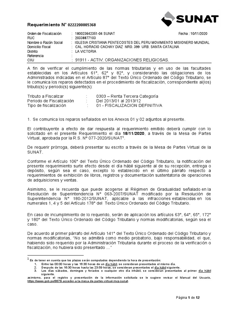 Requirimiento - Sunat PDF | PDF | Impuesto sobre la renta | Contribuyente
