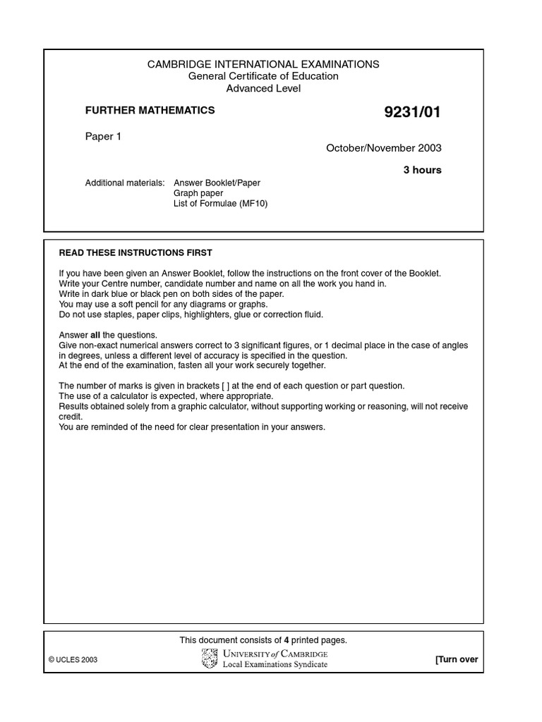 Further Mathematics: Cambridge International Examinations General ...