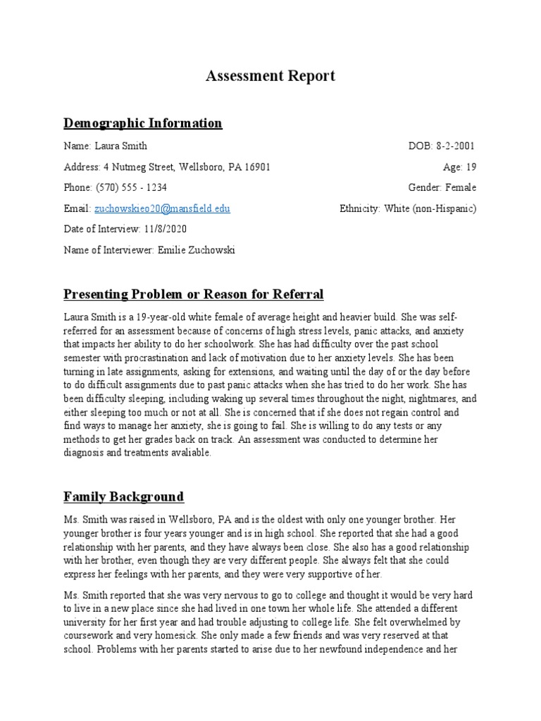 Zuchowski Assessment Report PDF Extraversion And Introversion Anxiety