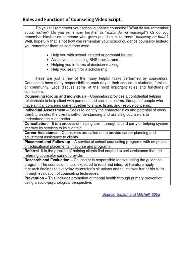 Roles and Functions of Counselors | PDF