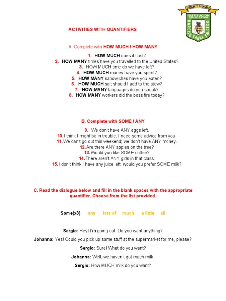 Activities Using Quantifiers | PDF