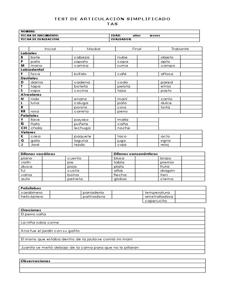 Test de Articulación TAS Simplificado | PDF | Entretenimiento (general)