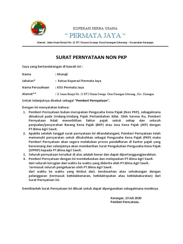 Surat Pernyataan Non Pkp