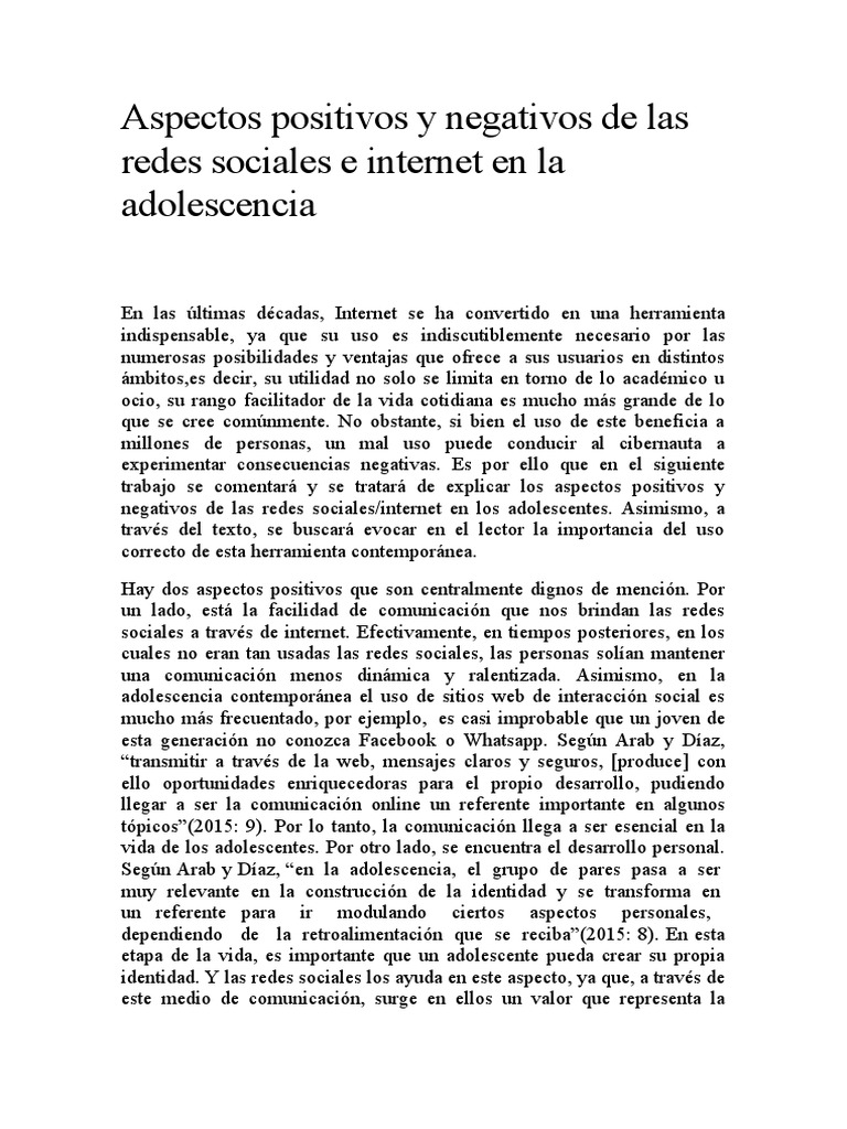 Aspectos Positivos y Negativos de Las Redes Sociales e Internet en La ...