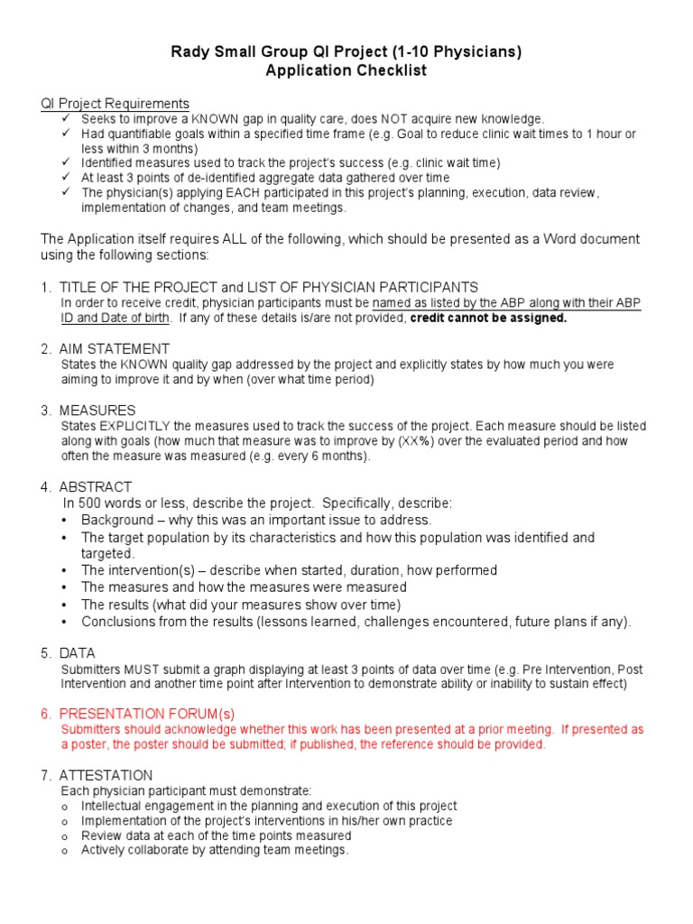 Rady QI Project Application Checklist | PDF | Learning | Cognition