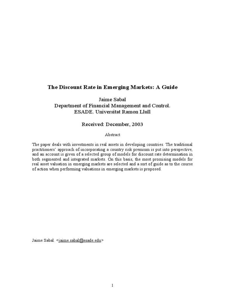 Discount Rate Models for Emerging Markets | PDF | Capital Asset Pricing ...