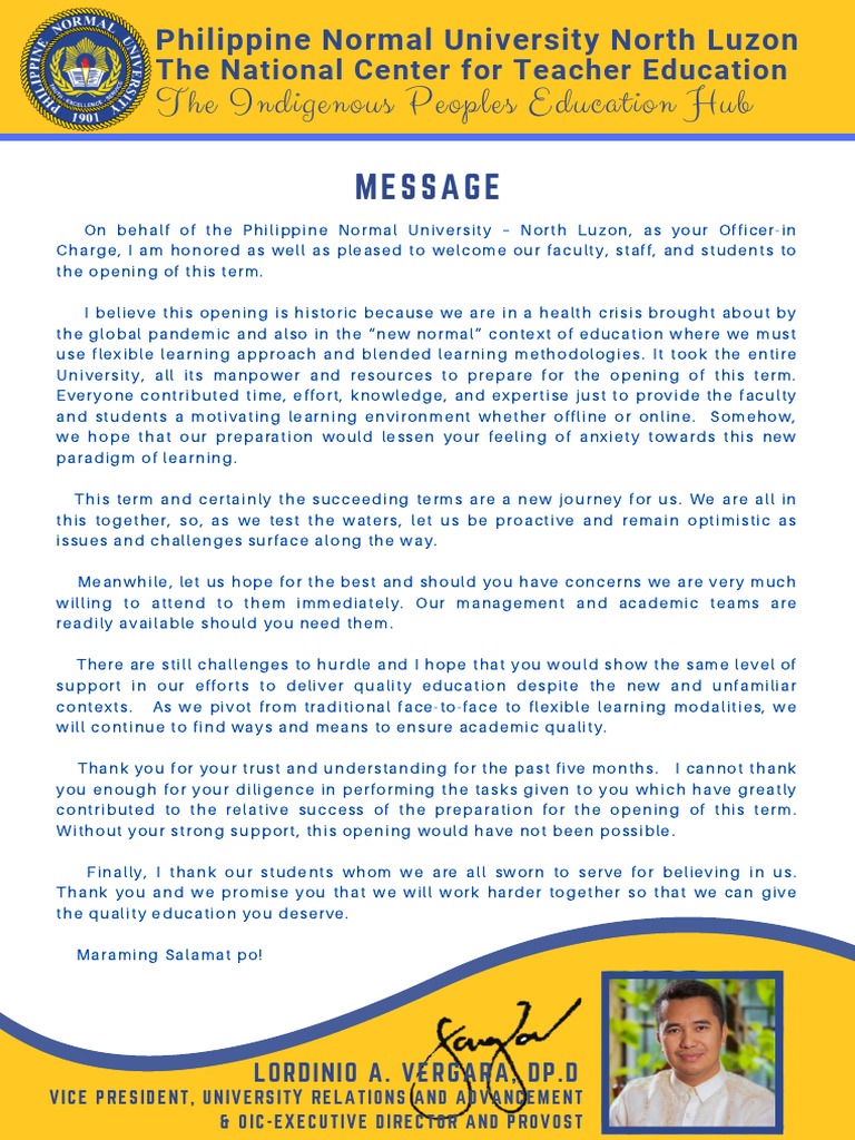PNU North Luzon Term Opening Message | PDF