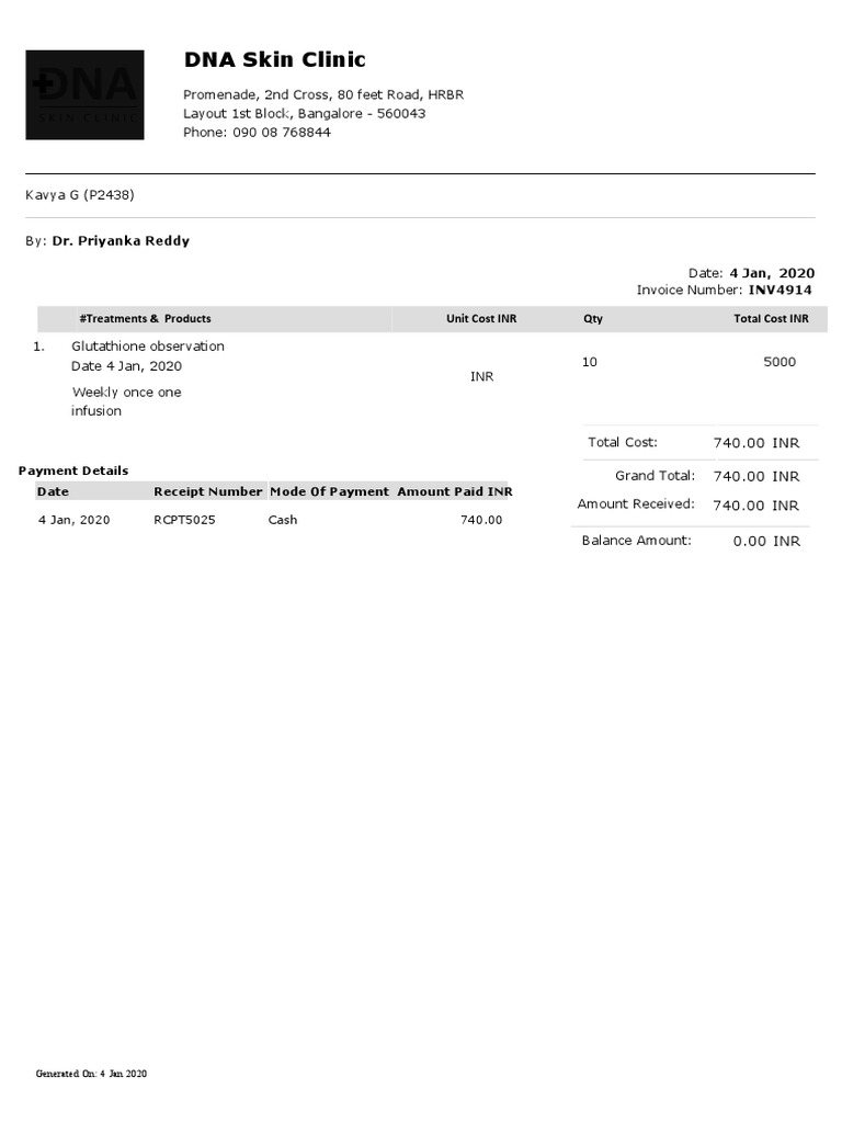 Skin Treatment Invoice | PDF | Finance & Money Management