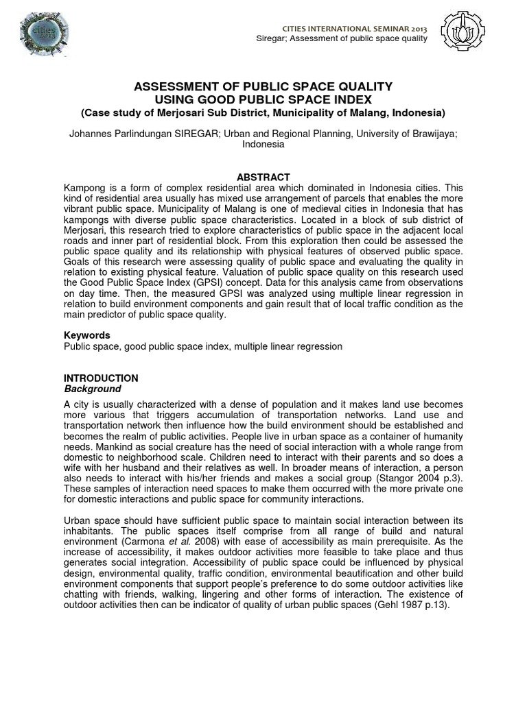 Assessment of Public Space Quality Using Good Public Space Index | PDF ...