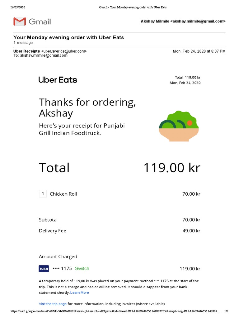 Receipt for an Order Placed with Uber Eats on February 24, 2020 for