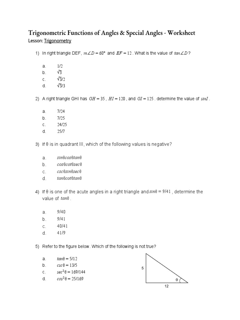 Trigonometric Functions & Special Angles Worksheet | PDF ...