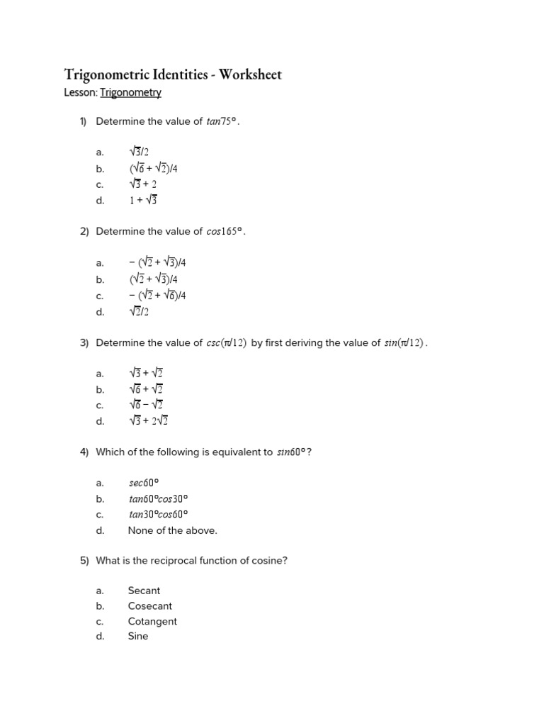Trigonometric Identities Worksheet | PDF | Trigonometric Functions | Sine