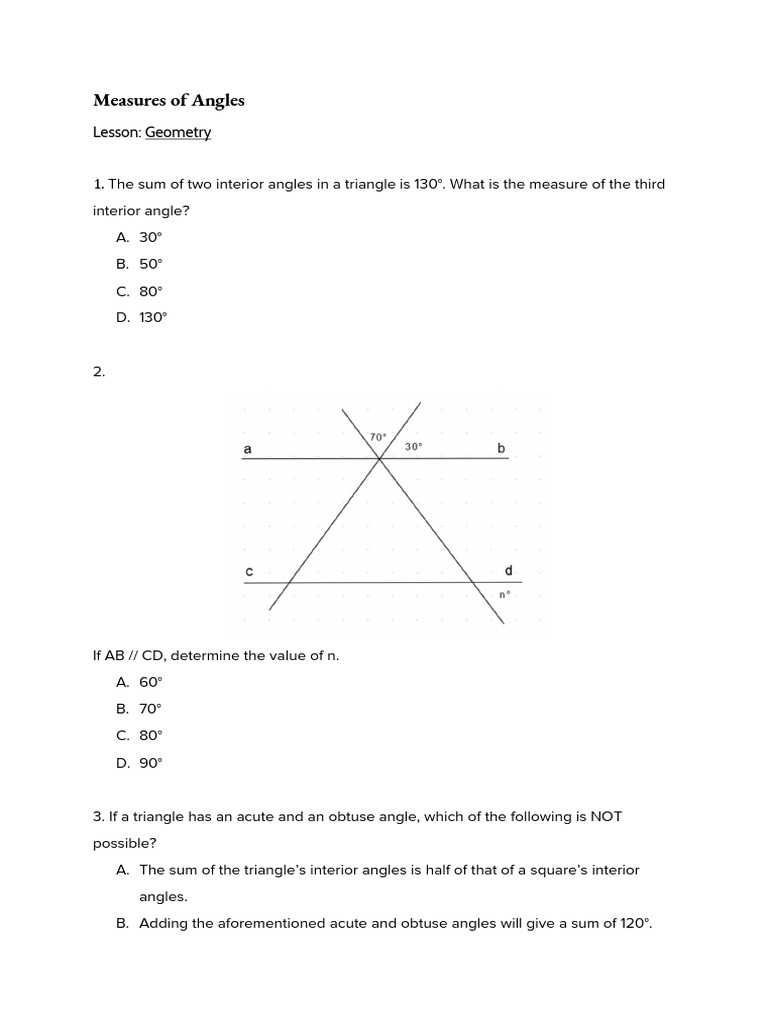 Triangle and Angle Measures Worksheet | PDF | Triangle | Angle