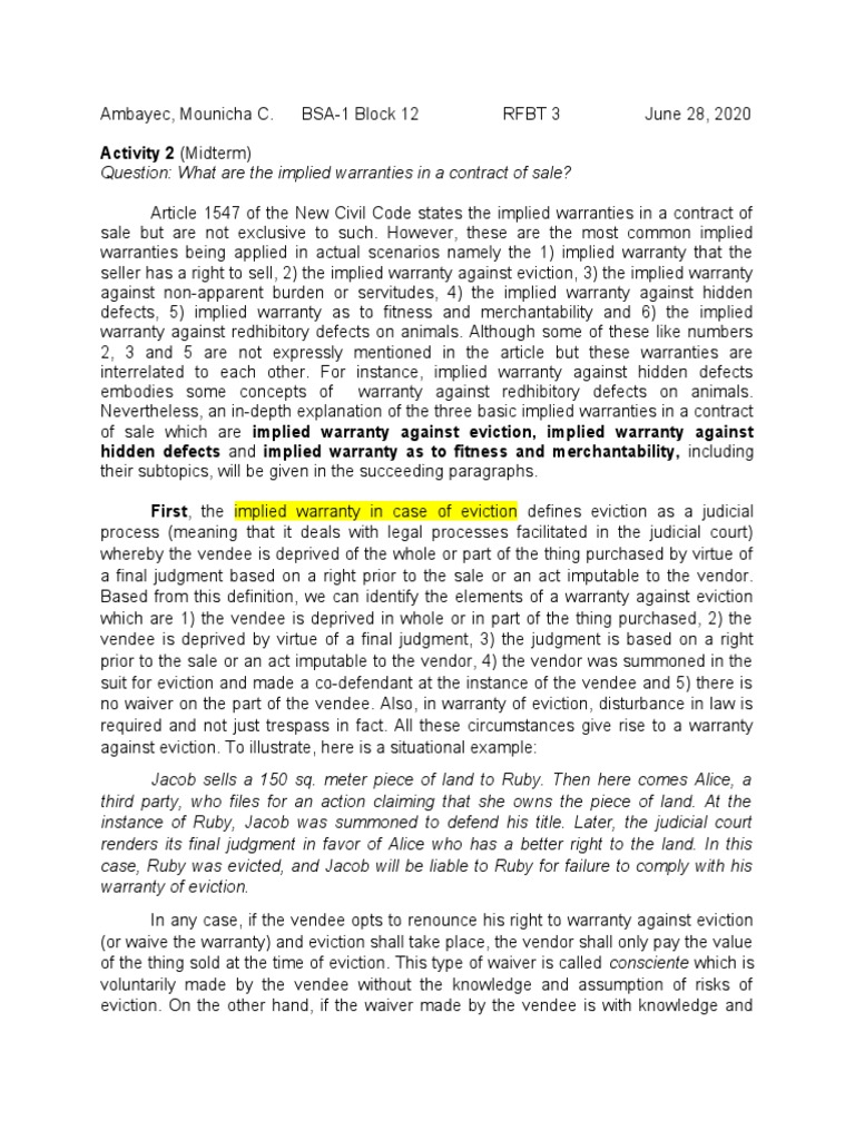 Activity 2 Warranties PDF Implied Warranty Private Law