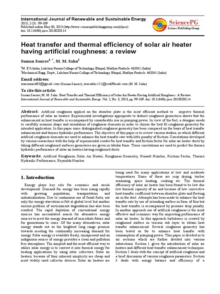 Heat Transfer and Thermal Efficiency of Solar Air Heater Having ...