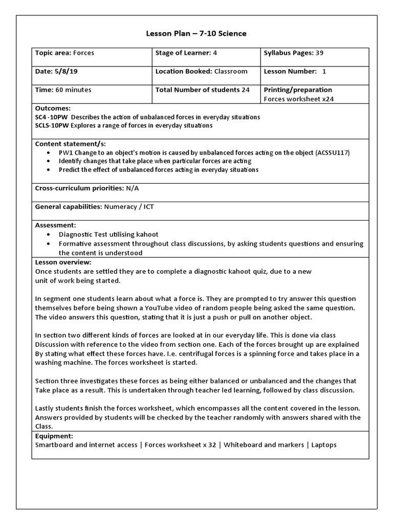 Grade 4 Forces Lesson Plan | PDF | Force | Teachers