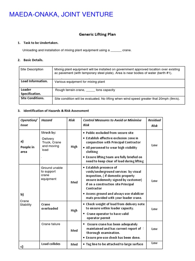 Generic Lifting Plan and Safety Measures | PDF | Crane (Machine ...