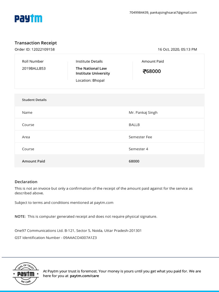 Transaction Receipt: Order ID: 12022109158 16 Oct, 2020, 05:13 PM Roll ...