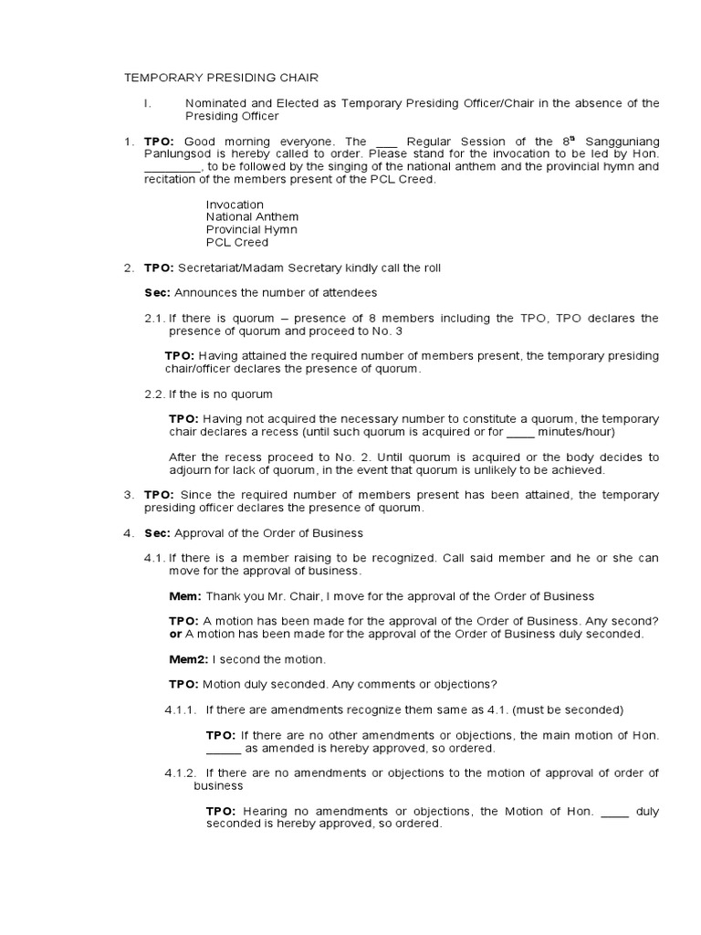 Parliamentary Procedure Script | PDF | Quorum | Constitutional Law