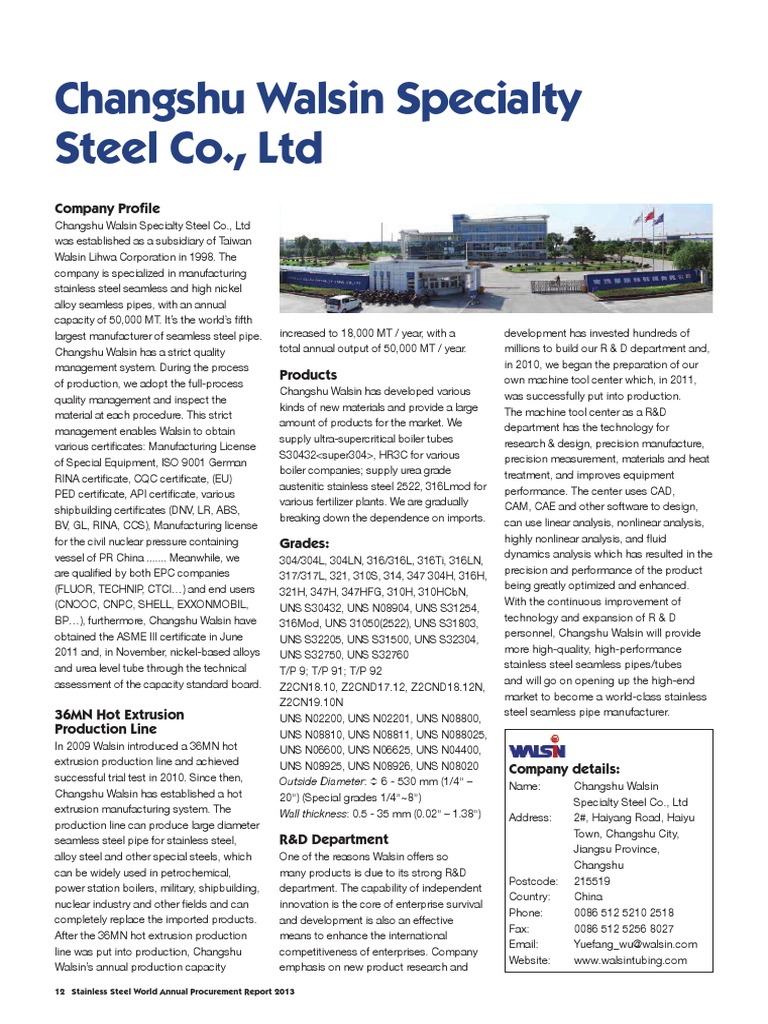 Changshu Walsin Specialty Steel Co., LTD Company Profile Download Free PDF Stainless Steel