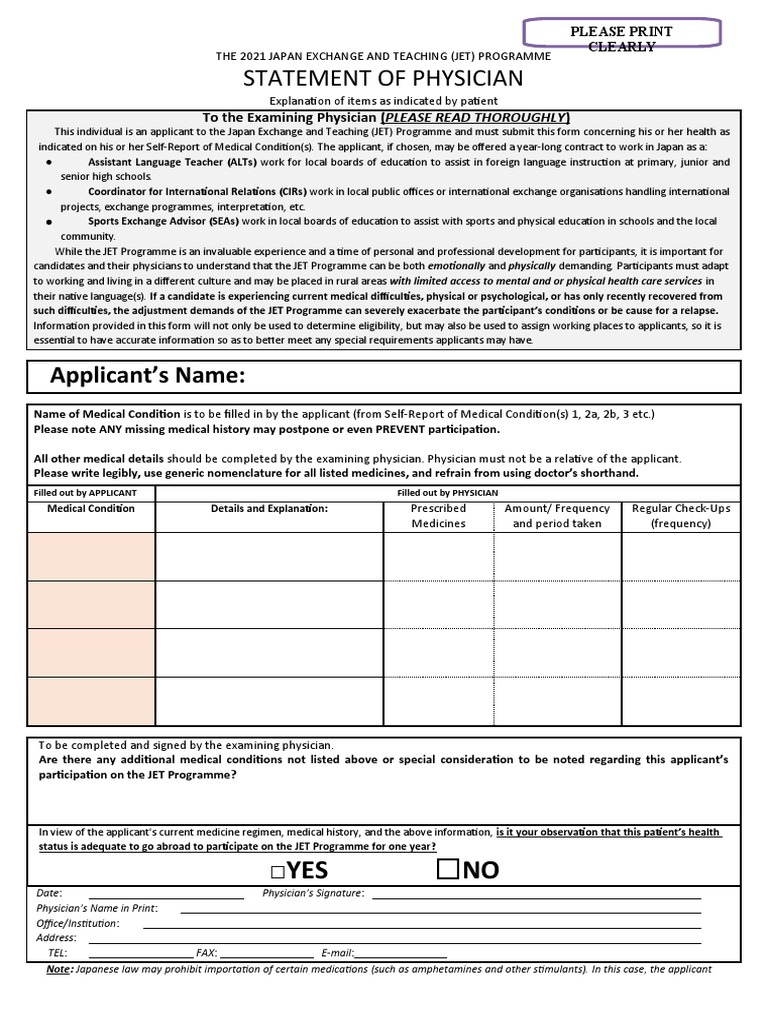 JET Programme Physician Statement Form | PDF | Physician | Health Sciences