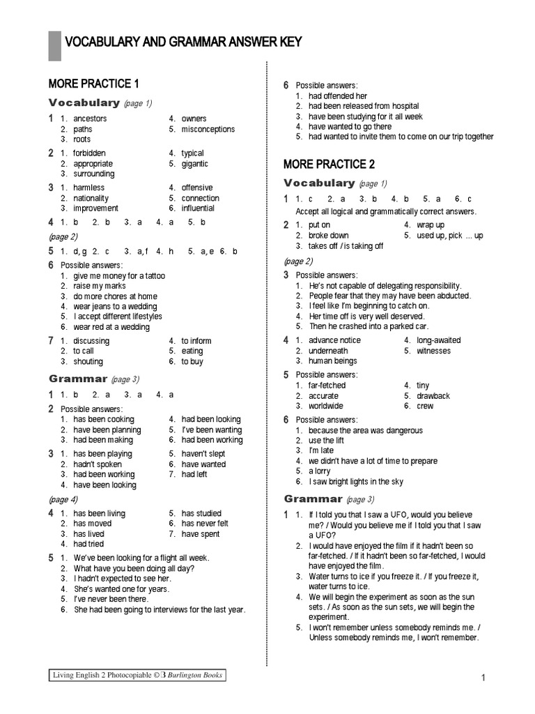 Vocabulary and Grammar Answer Key: More Practice 1 | PDF | Language ...