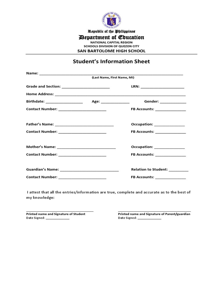 Students Information Sheet PDF | PDF