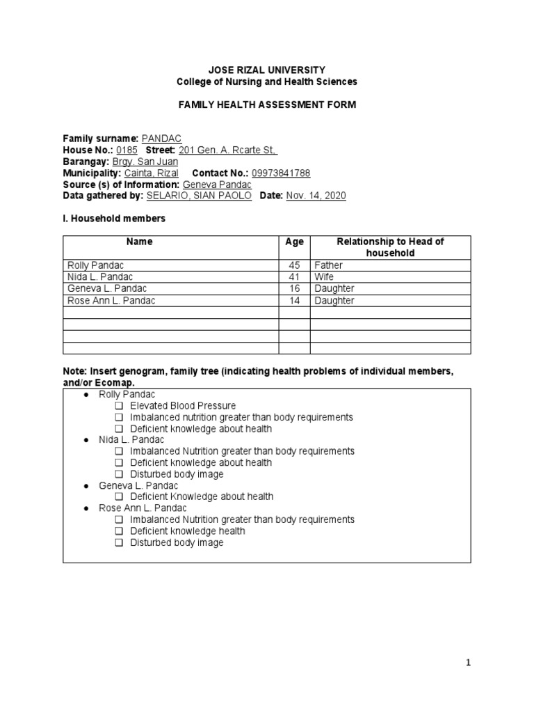 Selario Family Health Assessment Form | PDF | Waste Management | Public ...