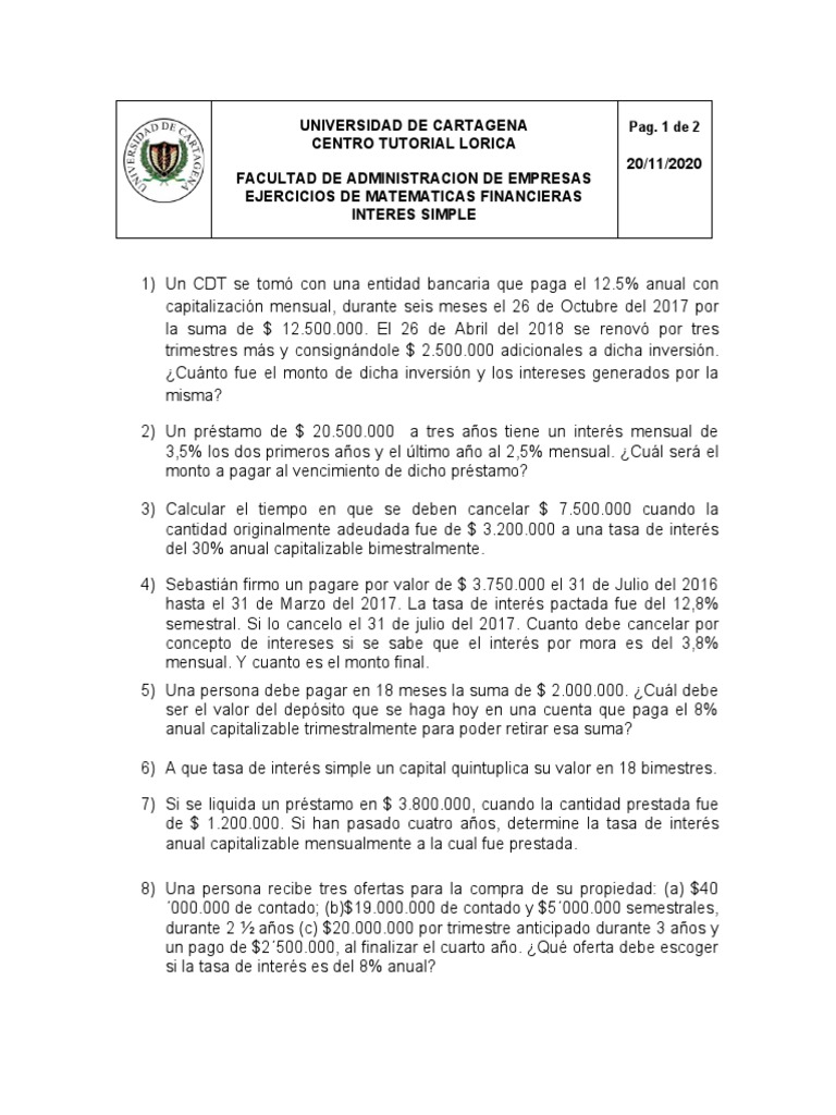 Ejercicios de Matemáticas Financieras | PDF | Tasas de interés | Interés