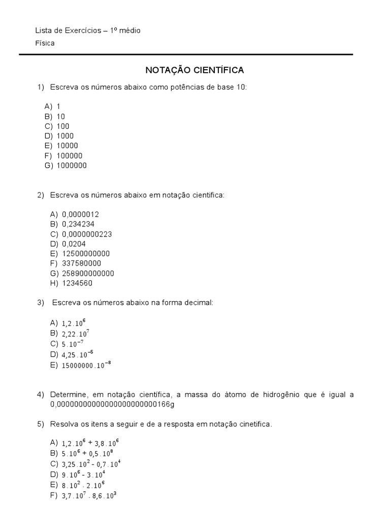 Lista - de - Exercicios - 1o - Medio - Fisica - NOTA Notação Cientifica ...