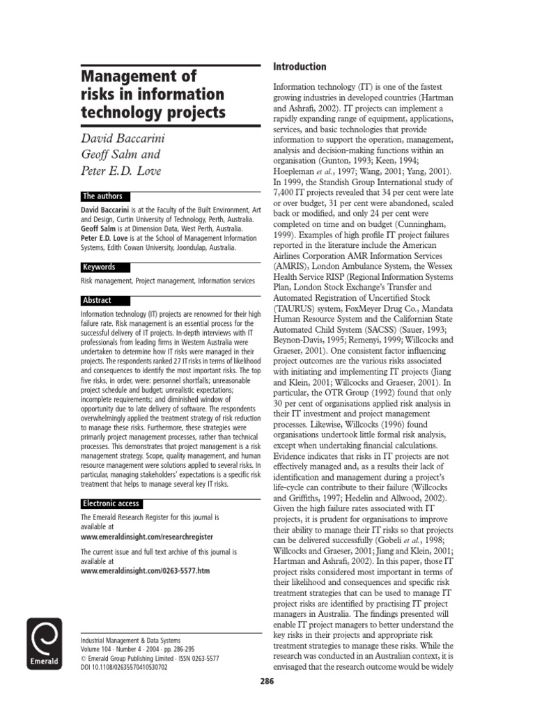 Management of Risks in Information Technology Projects: David Baccarini ...