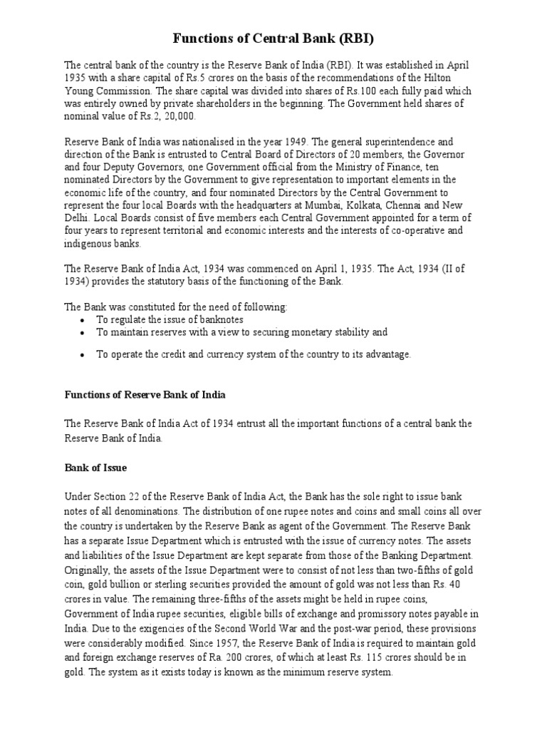 Functions of RBI | PDF | Reserve Bank Of India | Central Banks