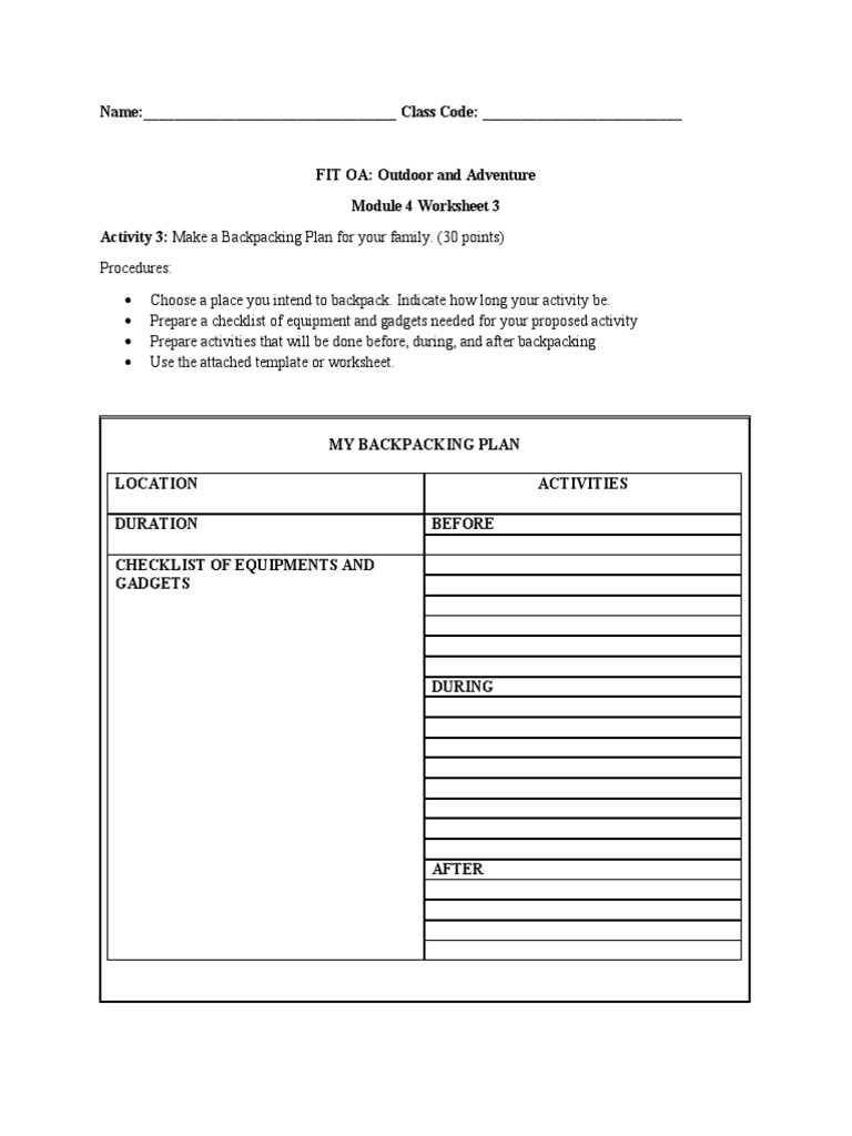 Year 3 Backpacking Plan Worksheet | PDF