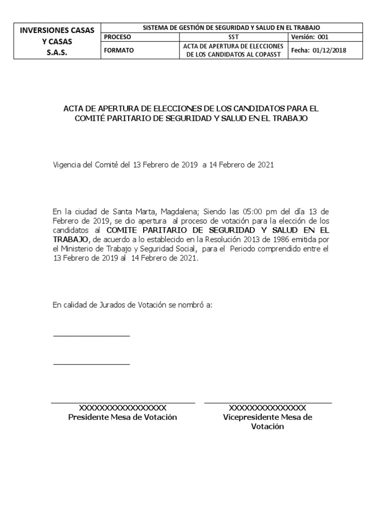 Acta de Apertura Elecciones COPASST | PDF | Elecciones | Gobierno